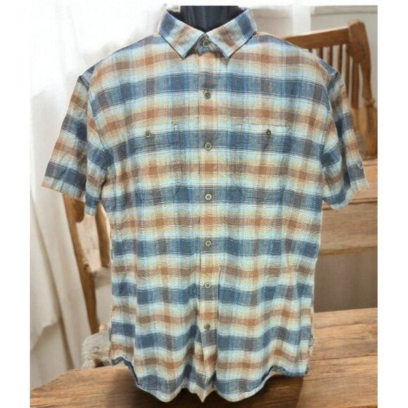 Kuhl Mens Linen Blend Brown-Blue Short Sleeve Plaid Shirt XL - Picture 1 of 10